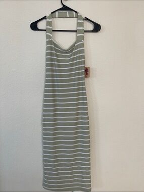 Striped Halter Midi Dress in Sage Green and White